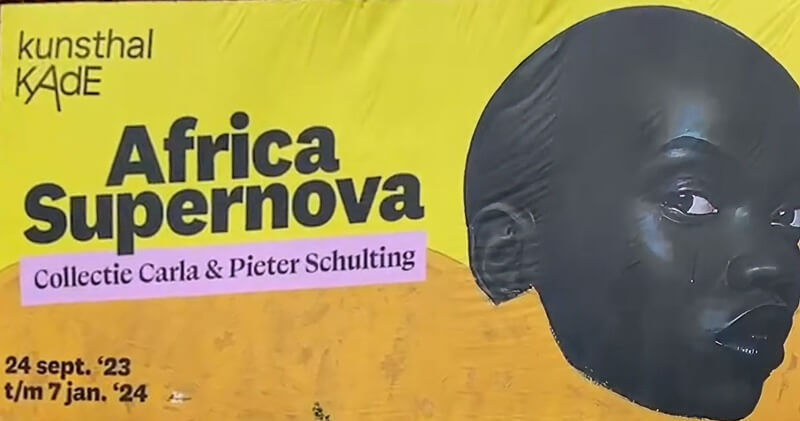 Poster of the Africa Supernova exhibition featuring Oluwole Omofemi's Fearless (2021), a bold portrait of a Black woman symbolizing strength and resilience in contemporary African art.