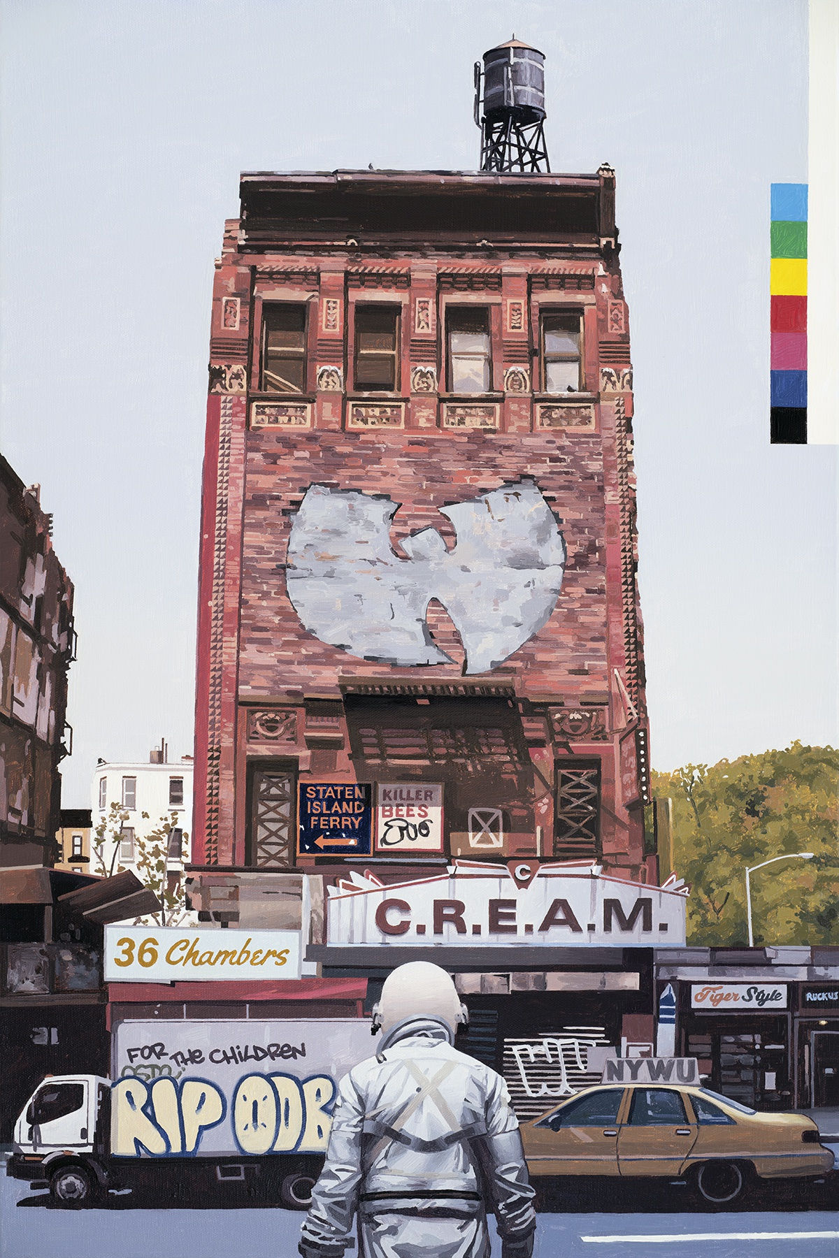 painting of an astronaut in the city surrounded by Wu Tang Clan references by Scott Listfield