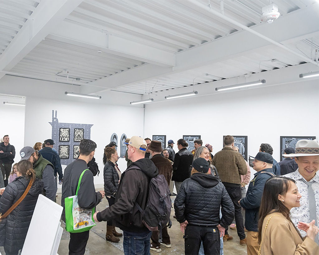 Image of a large crowd during the opening reception for artist Jeremy Fish's at Harman Projects San Francisco