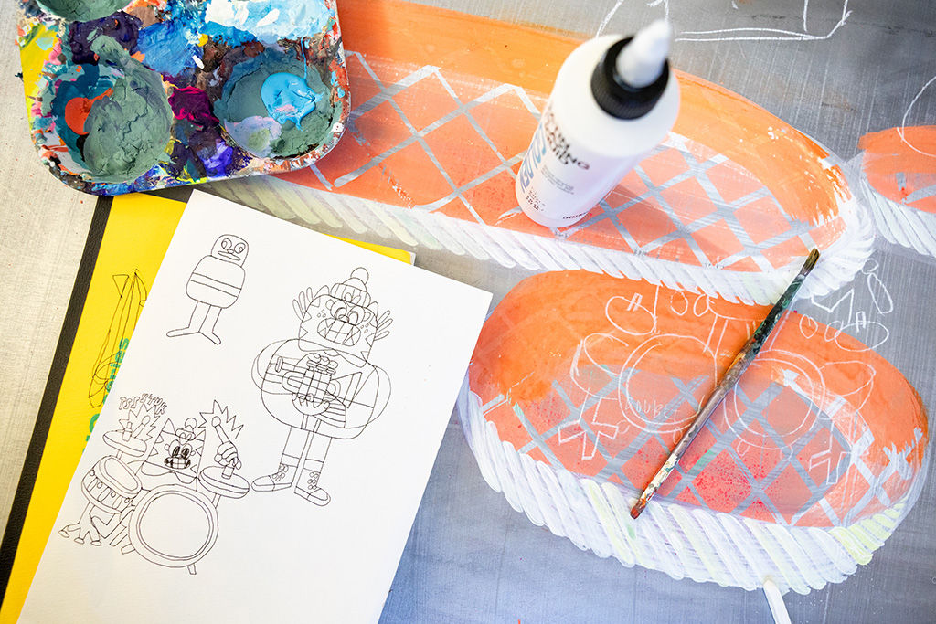 A closeup of artist duo KeFe's studio/works in progress.