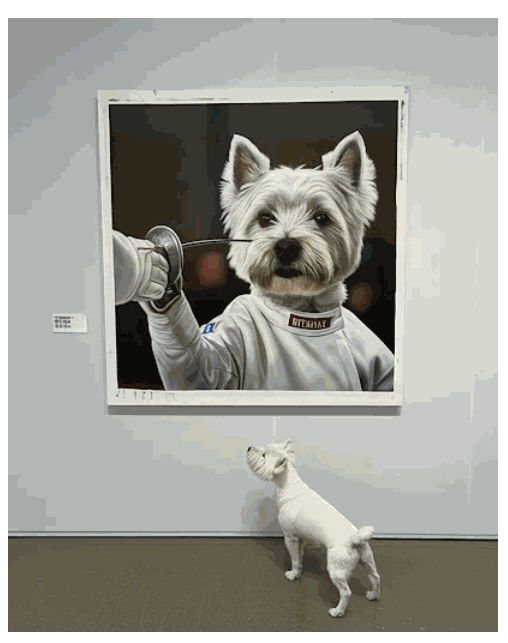 A westie looking at a fine-art painting of a westie