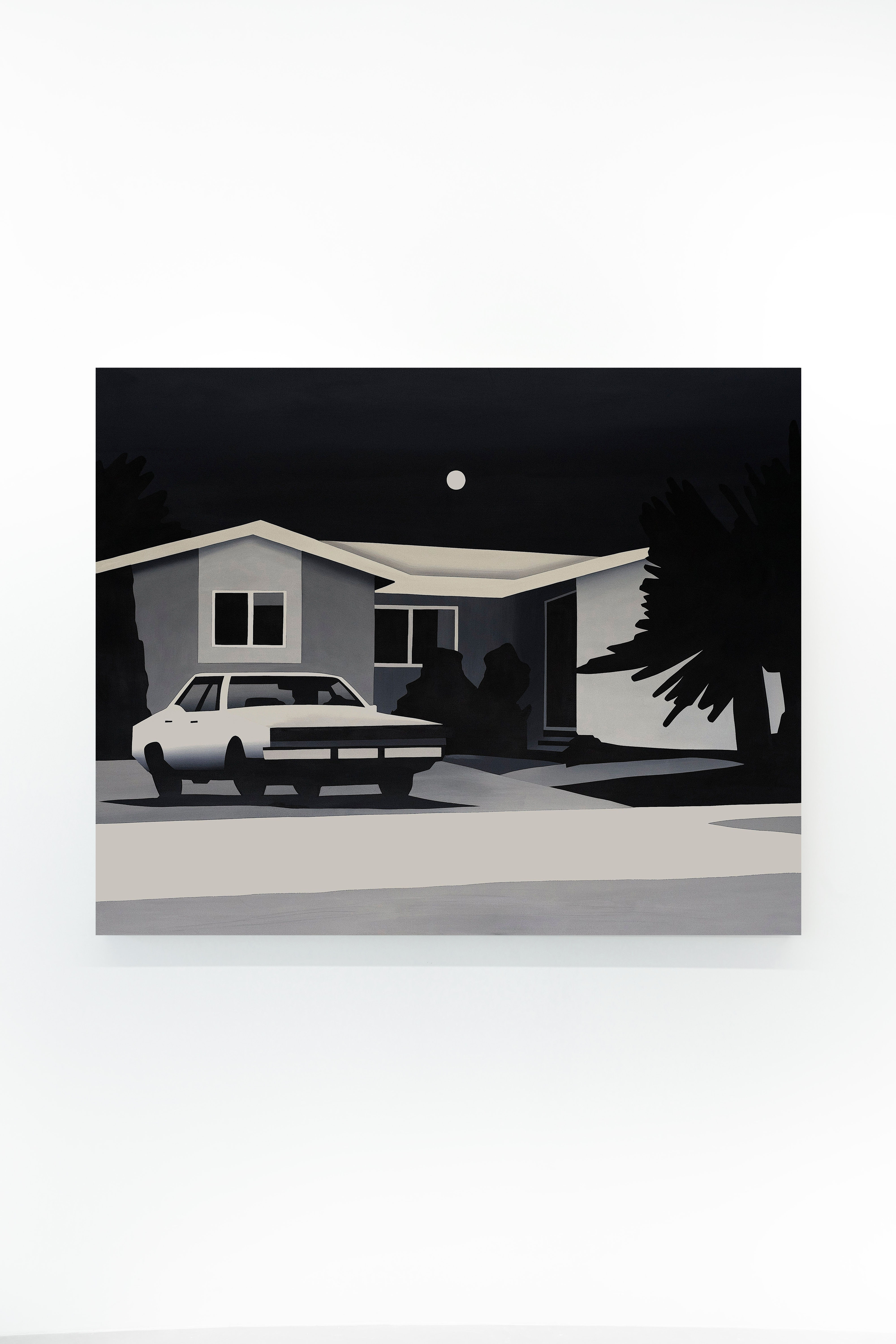 black and white painting of a car in front of a house by DanCliman