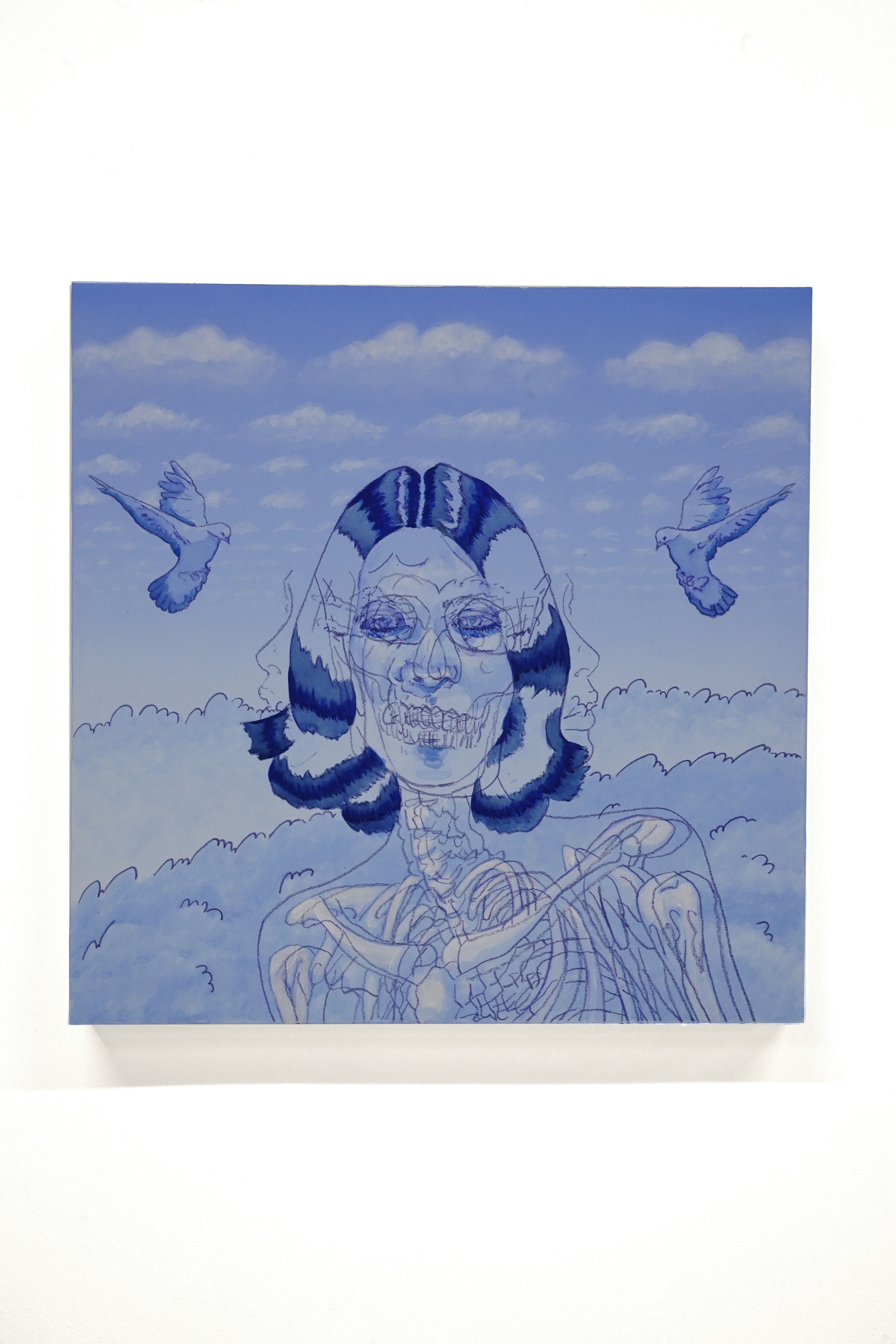 painting of a face with their skeleton showing - blue