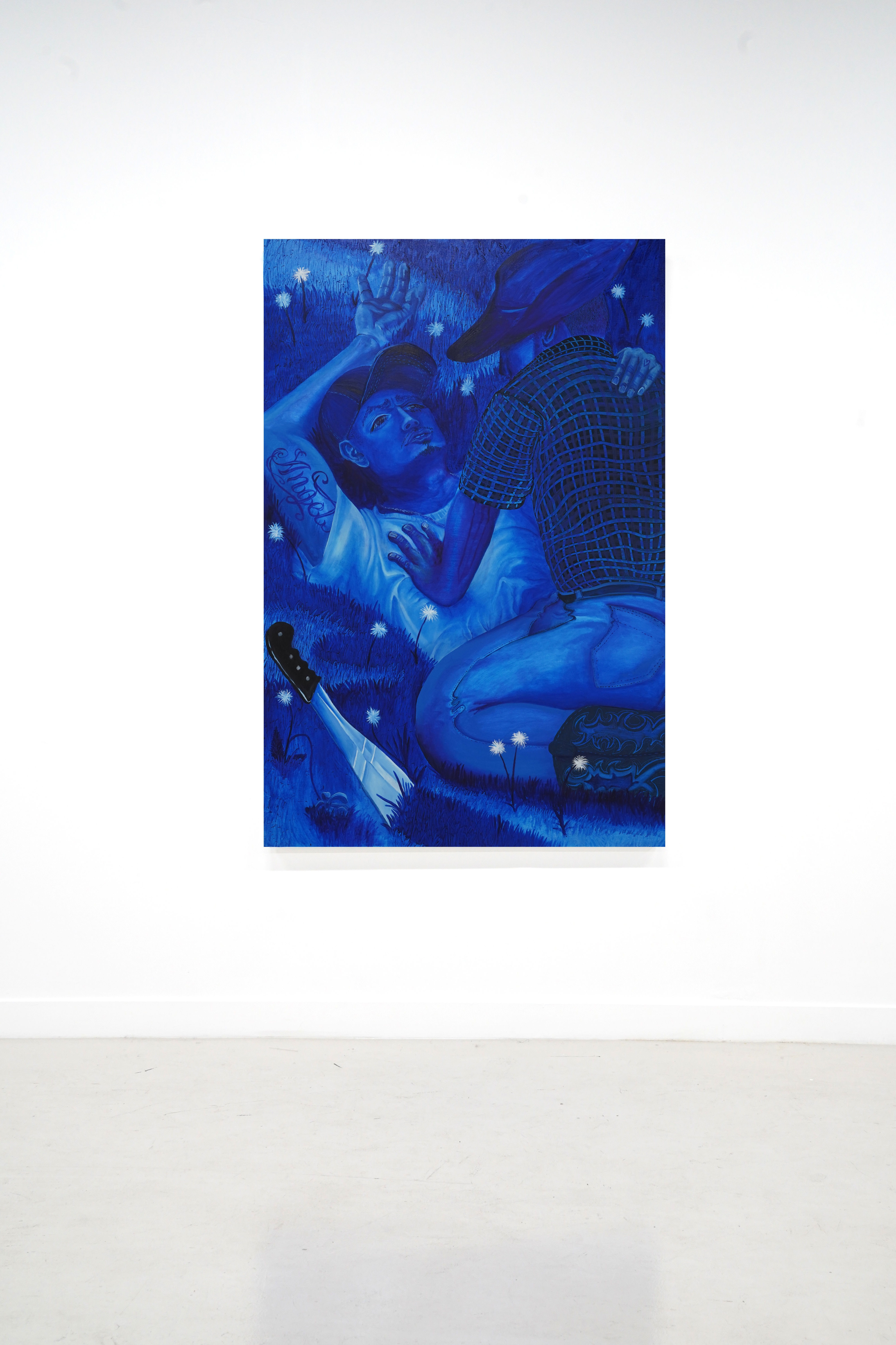 blue painting of two men stradling each other in the grass