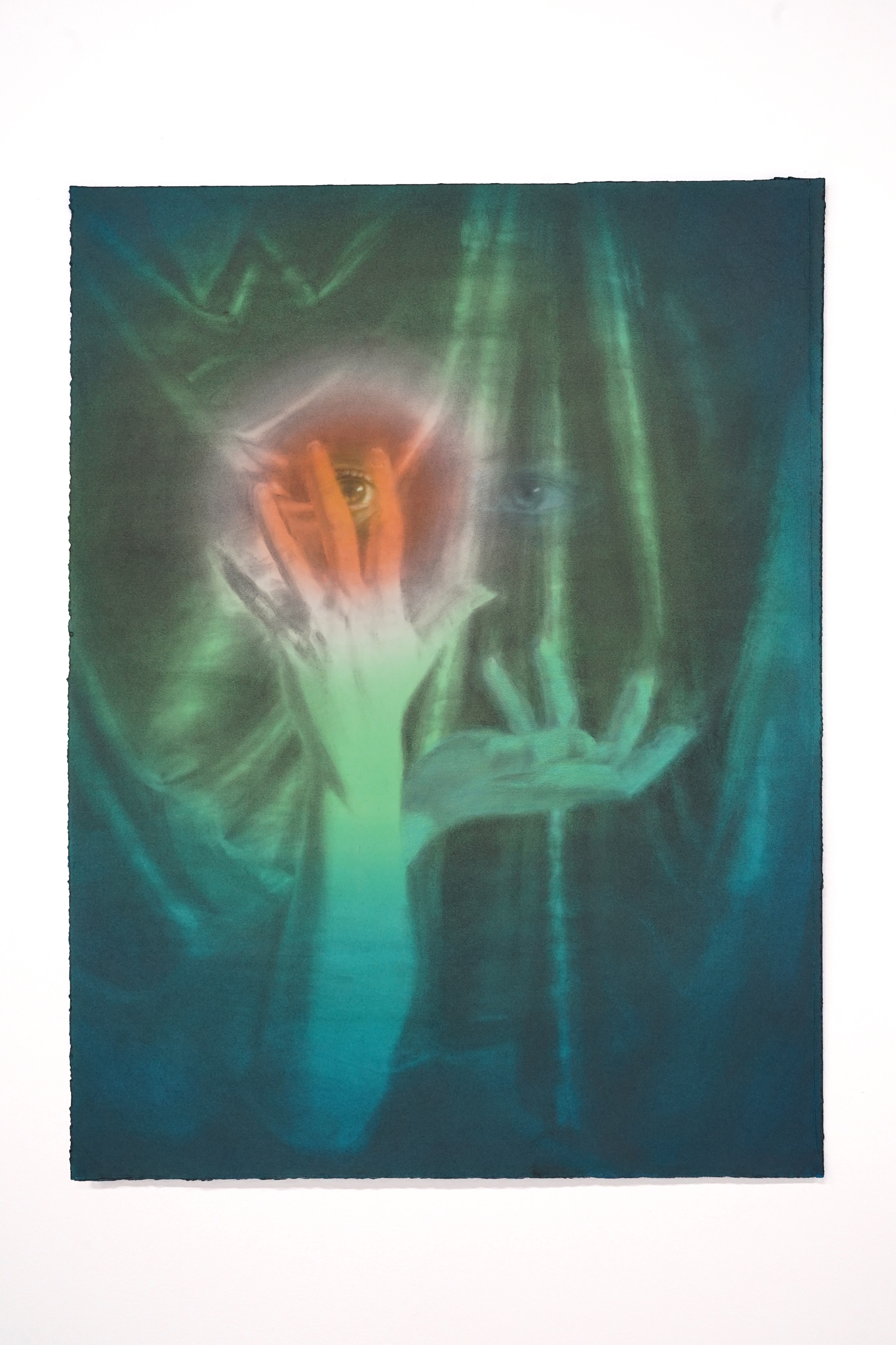 drawing of two hands and a pair of eyes floating on a curtain - green