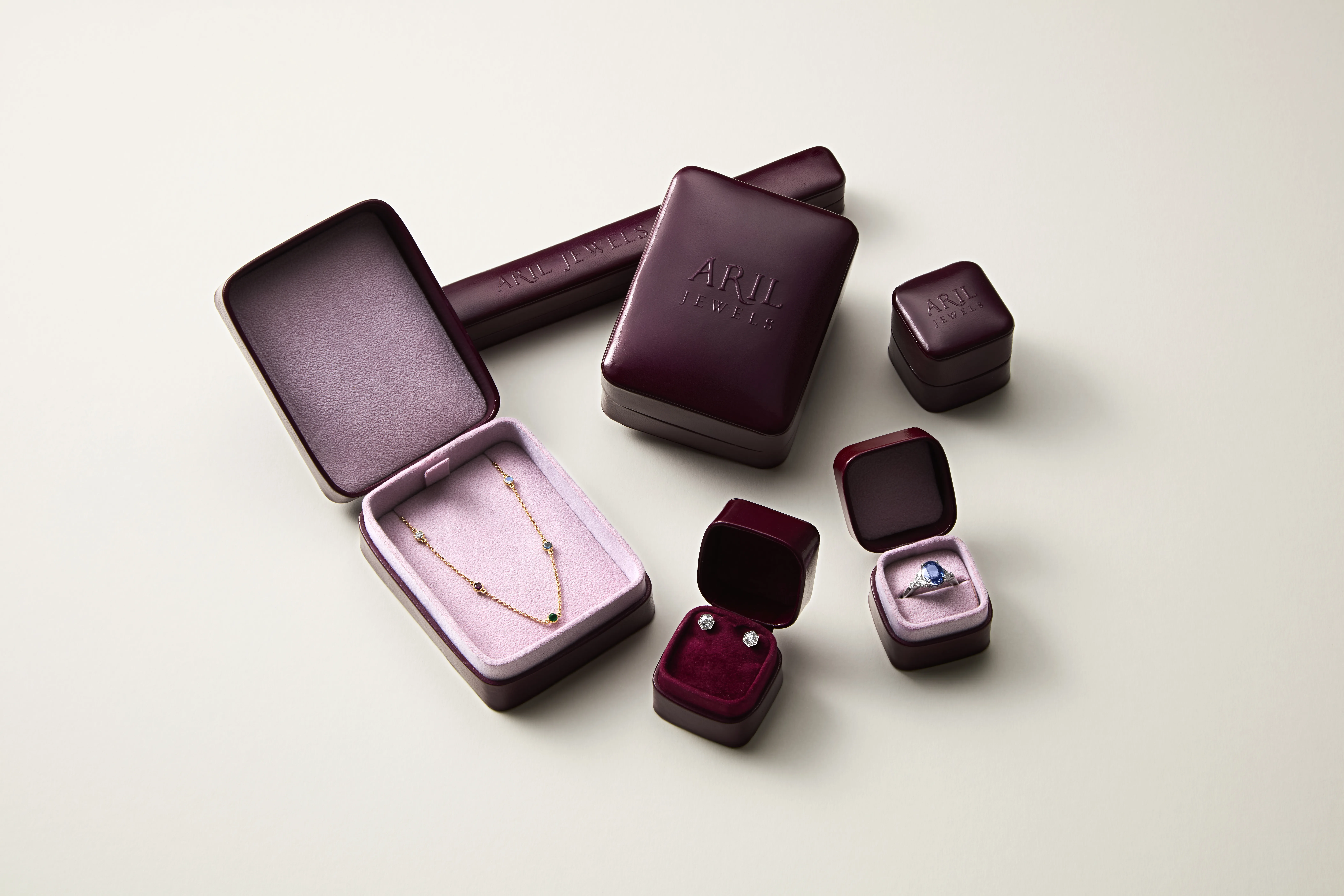 Aril Jewels handmade leather boxes with Aril Jewels collection pieces