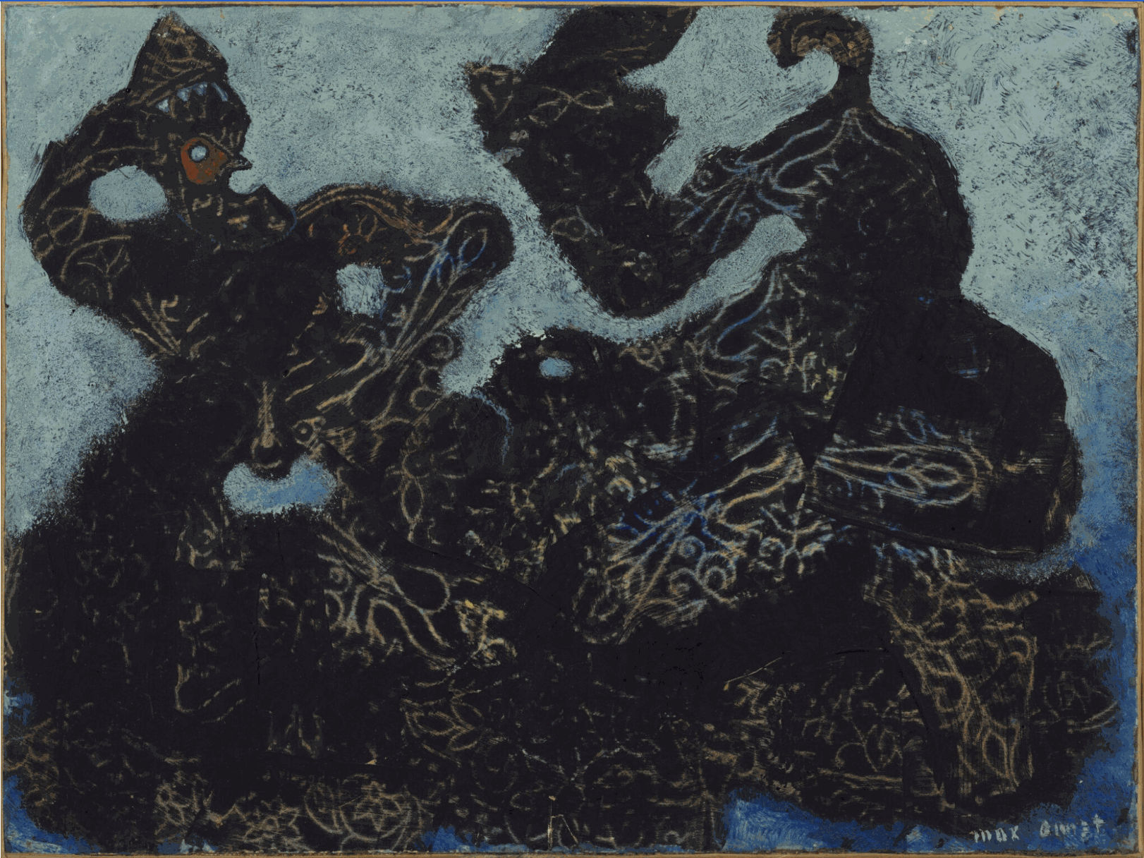 Max Ernst, Barbes, 1934 Barbares, 1935, signed, oil on paper laid on canvas, 23.5 x 31.8 cm (9.25 x 12.52 inches). &copy; 2024 Sotheby's, 'Lot 34, from an artist collection.'