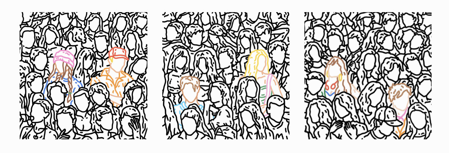 Three of Chance Cooper's paintings from the "Song Series," depicting the outline of a crowd of people.