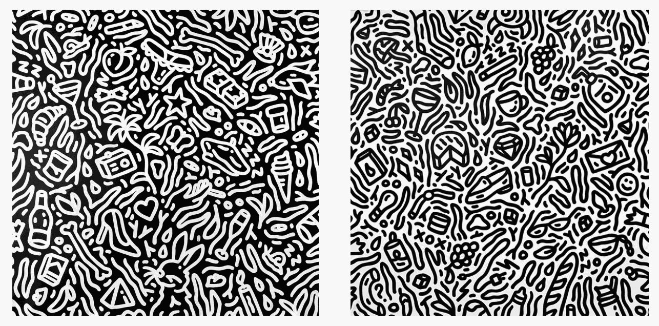 Two paintings from Chance Cooper's "Bag Series," depicting the outline of black abstract symbols and contemporary icons.