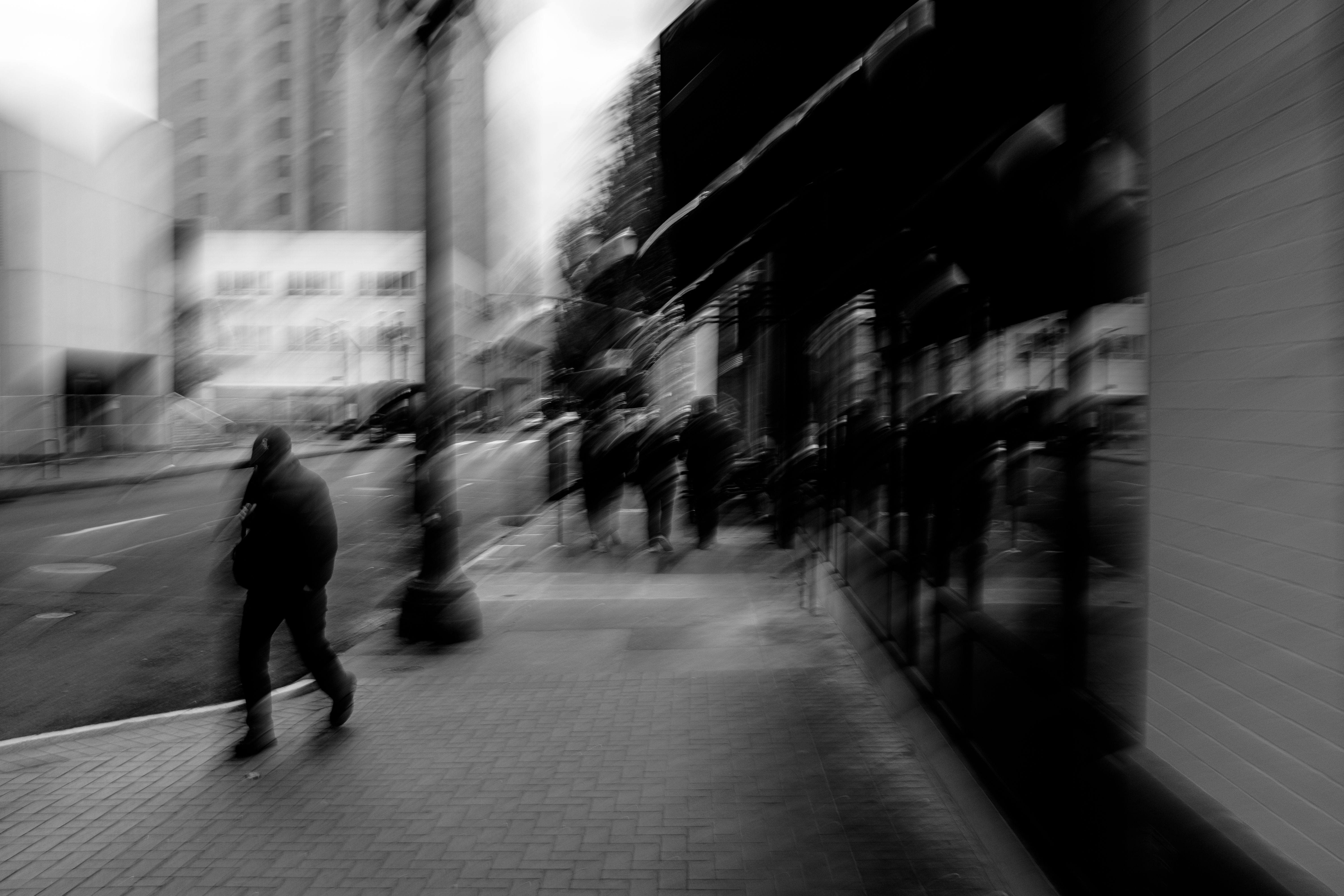 Garrett Gassman, Surreal Memory #01, black and white motion-blur street photography, Portland, Oregon, 2020 archival photo rag print.
