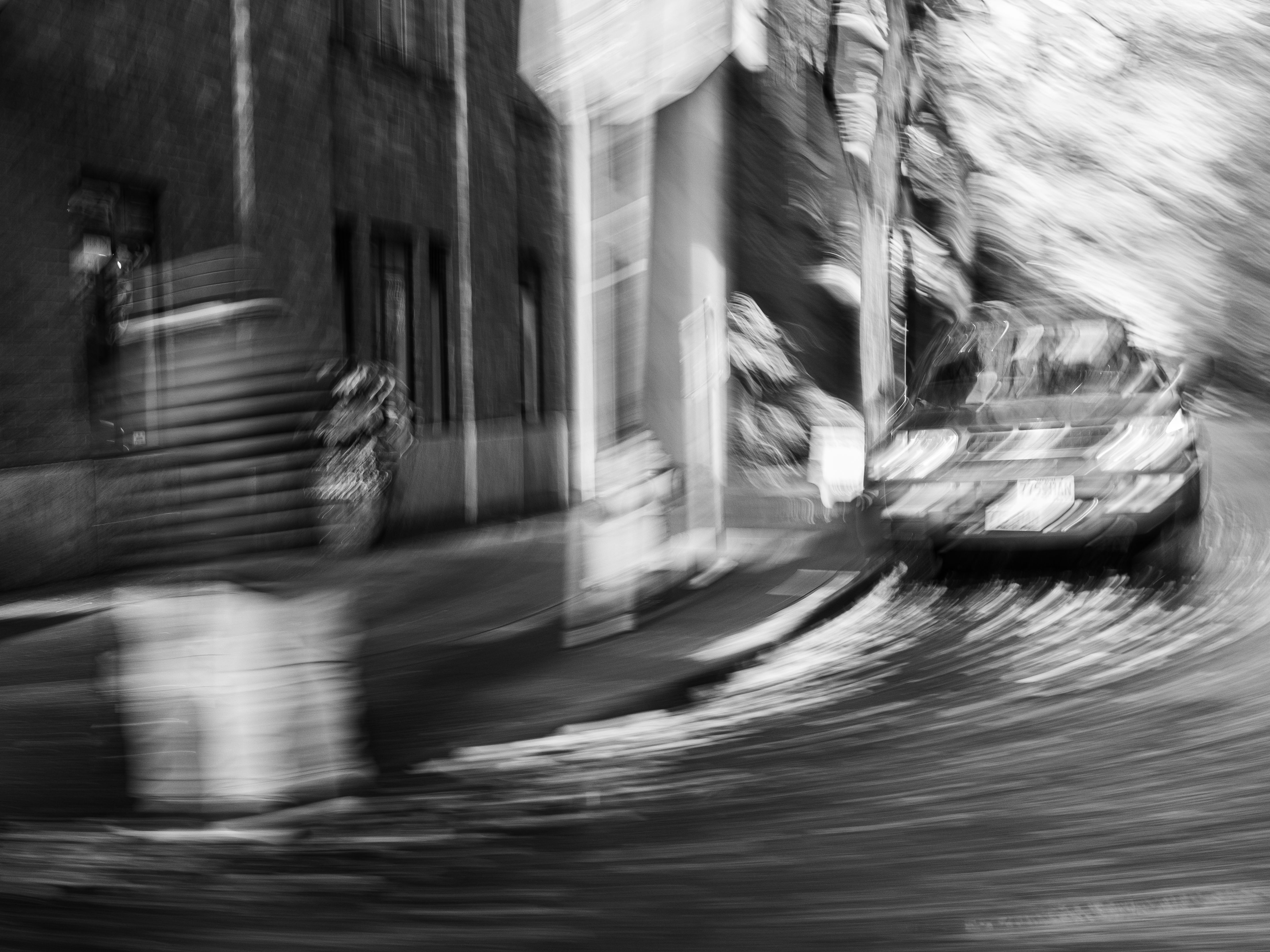 Garrett Gassman, Surreal Memory #02, black and white motion blur photography, Portland architecture, 2021 limited edition print.