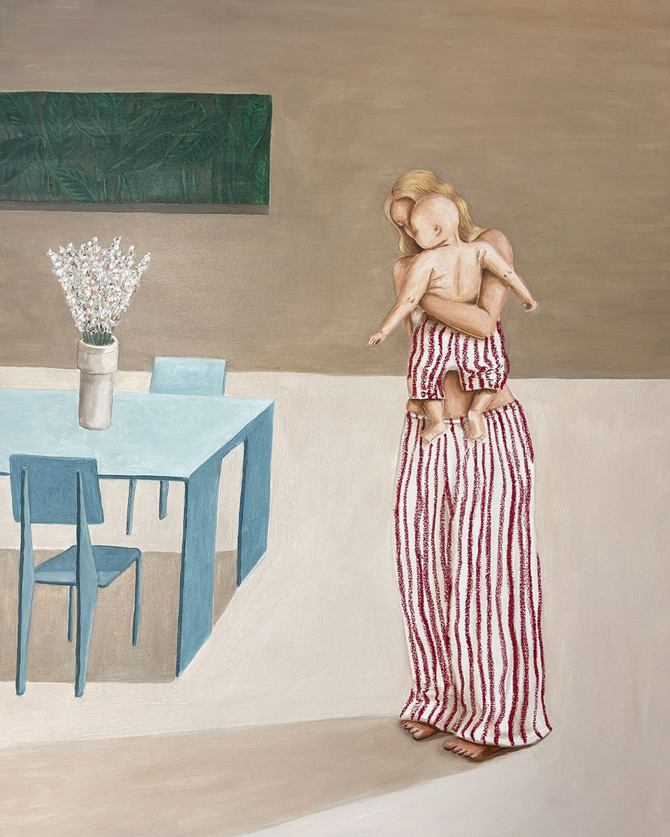 Jule Waibel painting of a mother holding a child in a beige room with a dining table to the left 