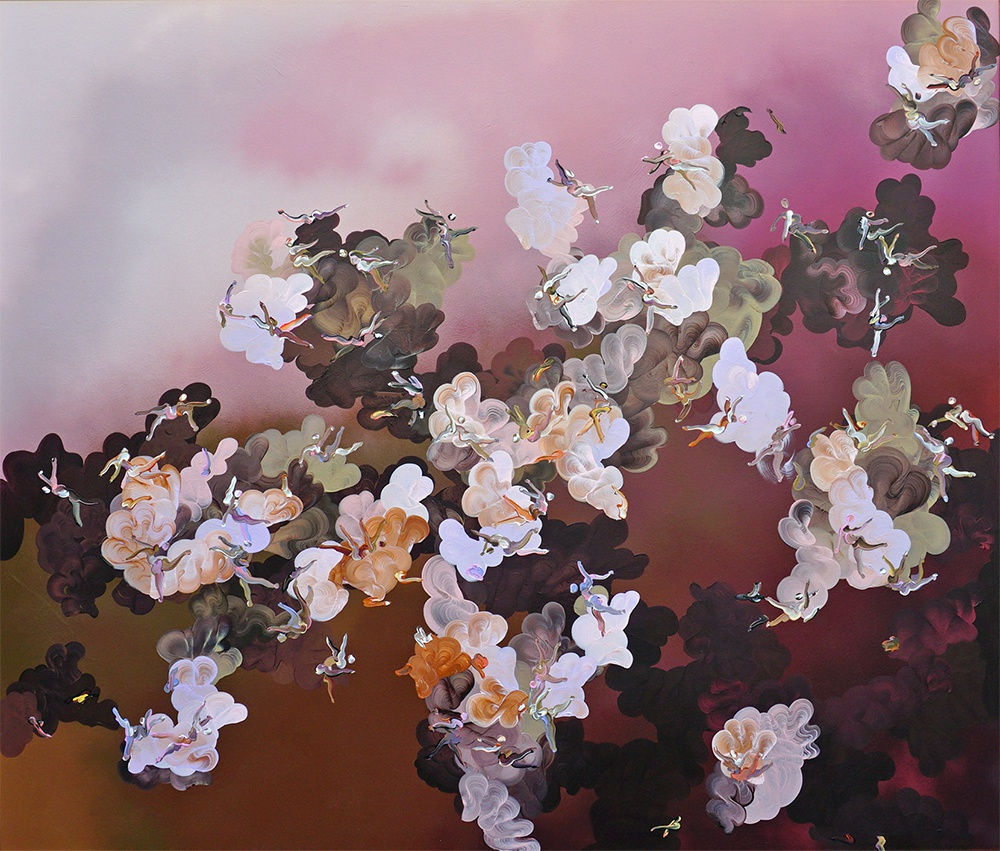 Paul Kuntze Fresco painting with abstracted angel figures on a pink and red gradient background