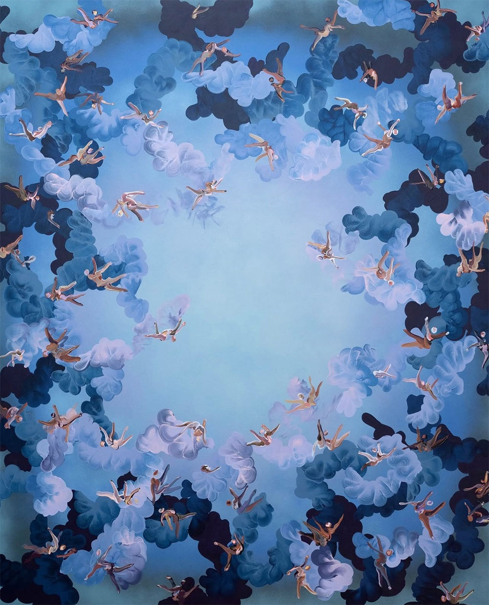 Paul Kuntze Fresco painting with abstracted angel figures surrounding the edges on the canvas on a purple and blue gradient background