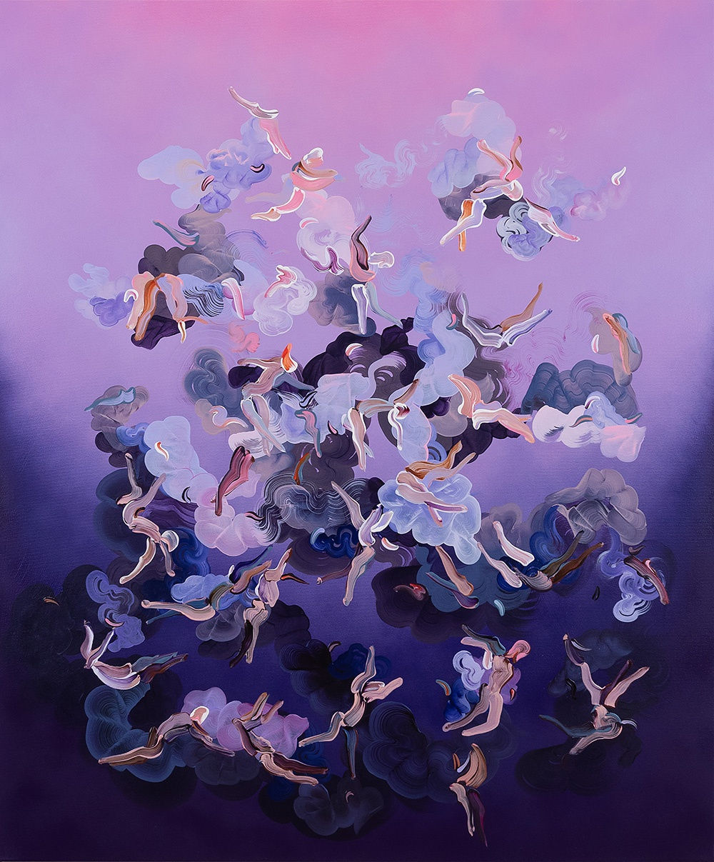 Paul Kuntze fresco painting with abstracted angel figures on purple background