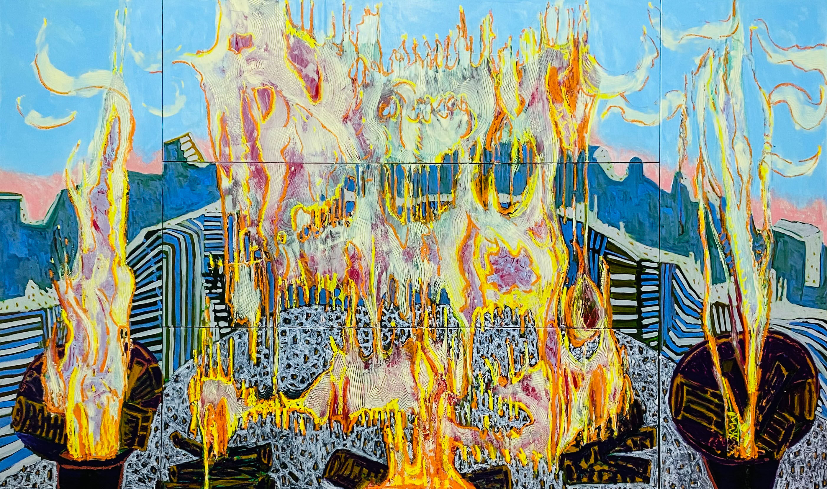 FIRE PUJA, 2023 Oil on panel 183 x 274 cm