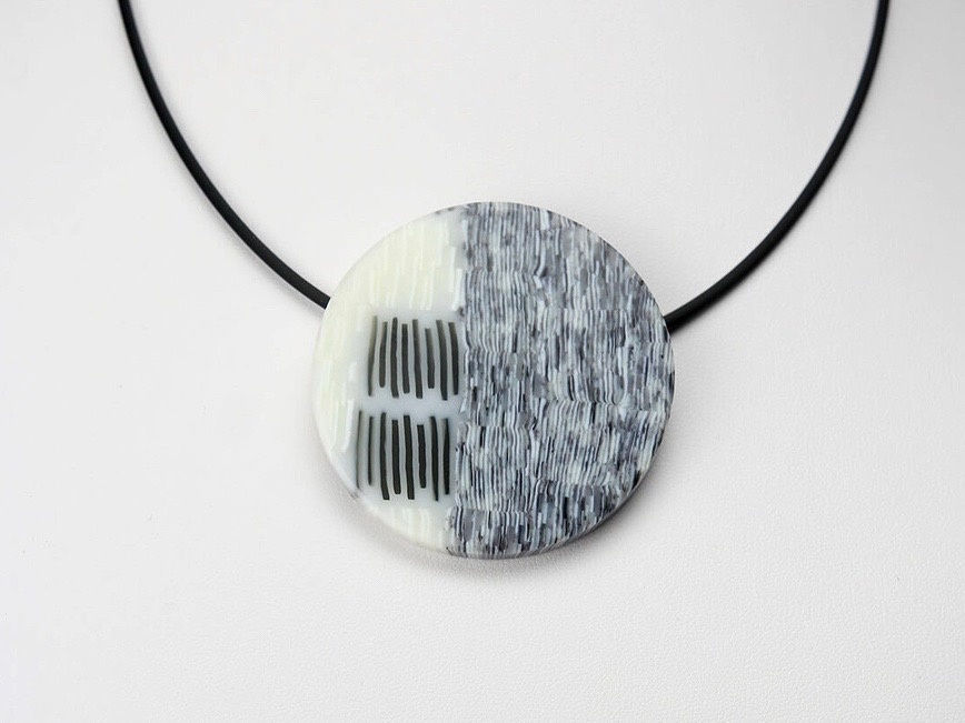 Birds in the Hand Jewelry, Tri Colored Circular Pendant Necklace, kilnformed glass and neoprene cord