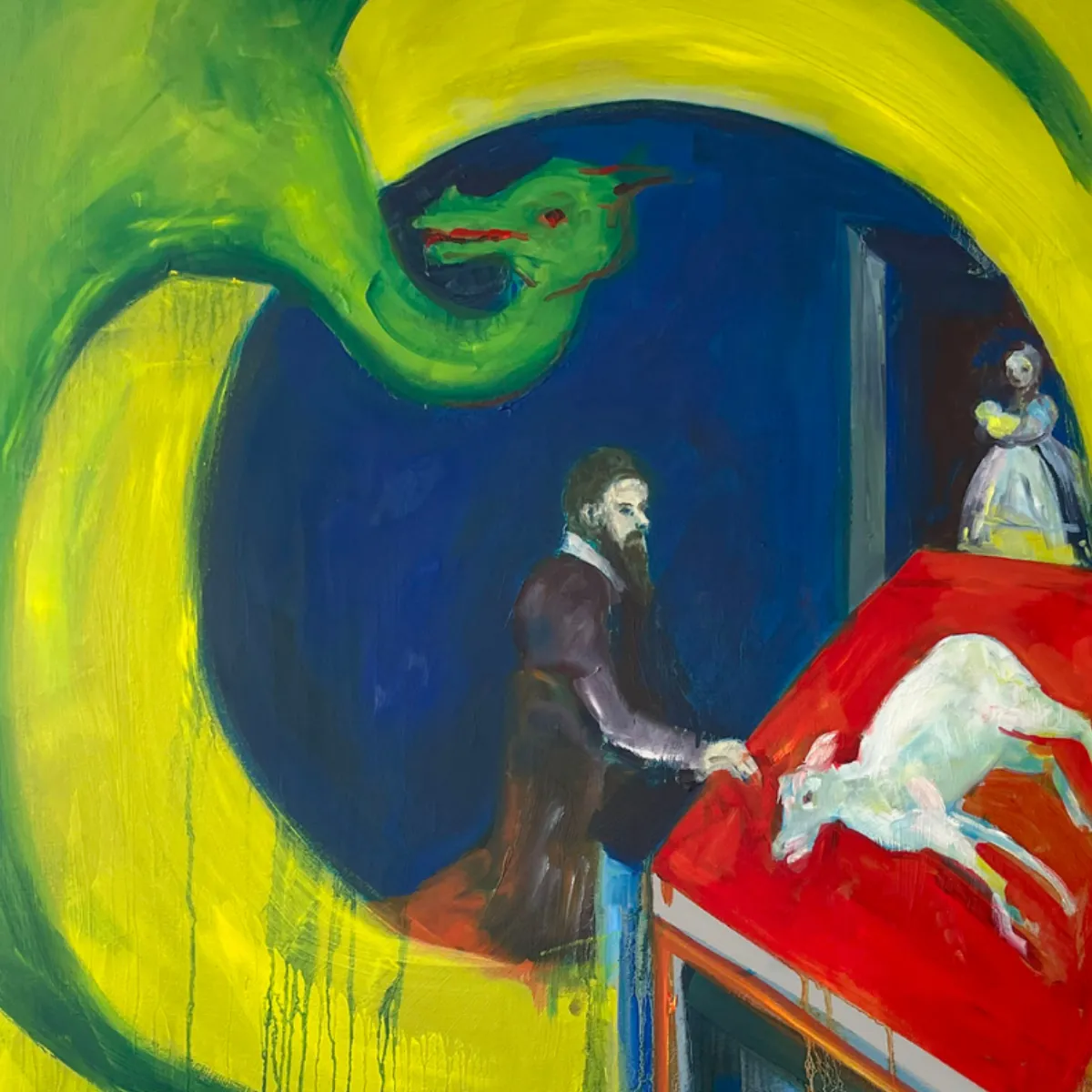 Charlie Kirkham painting depicting a dragon a sheep and a woman holding baby bright coloured oil painting on wood