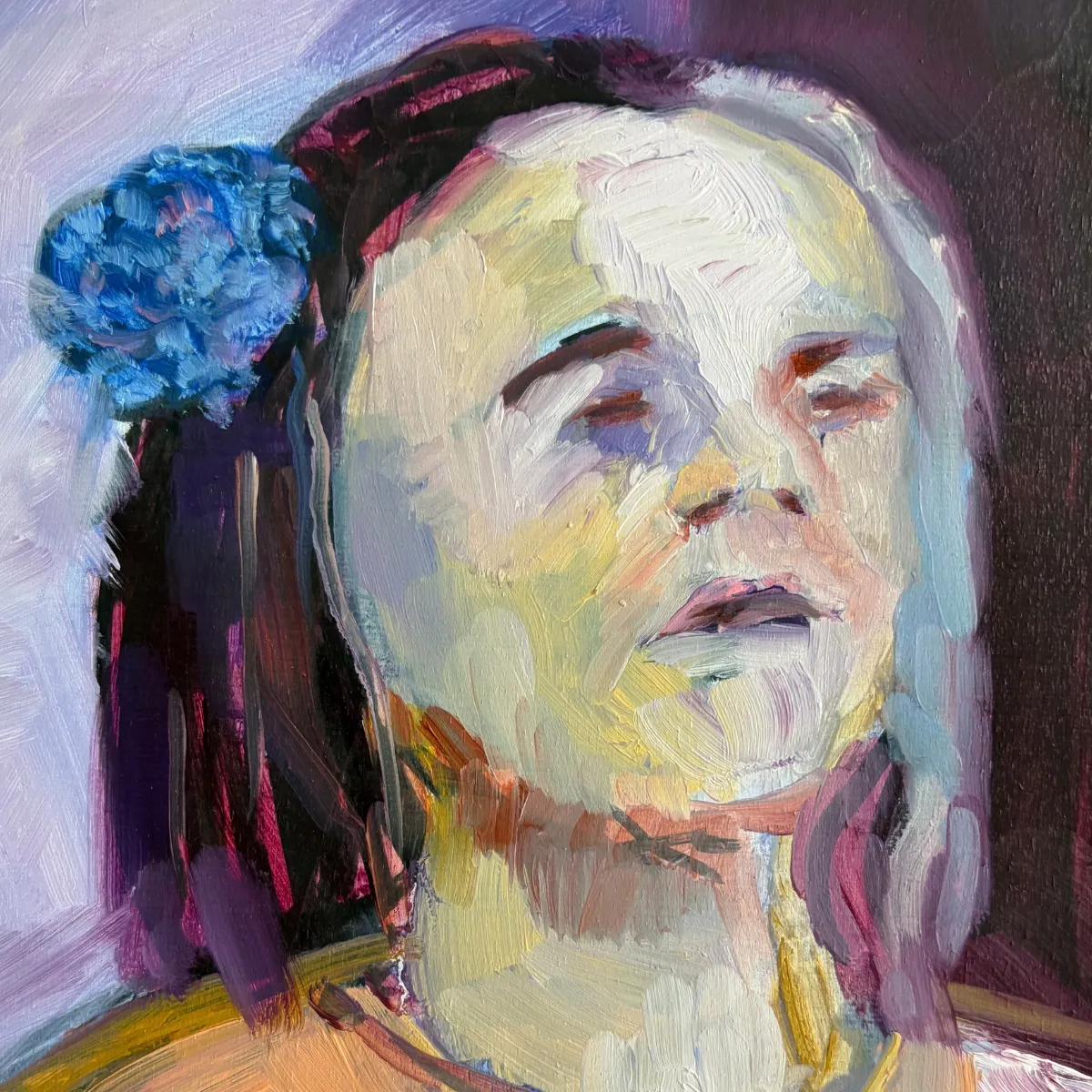 Charlie Kirkham portrait of heart hero patient in oils mauve colours on wood