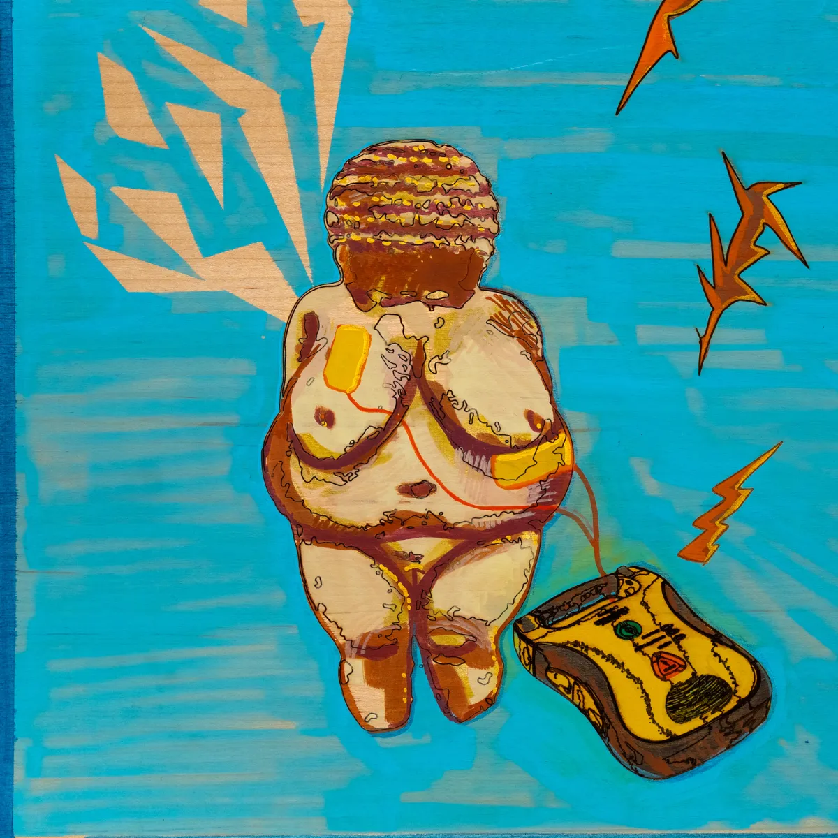 Charlie Kirkham painting in acrylic on wood with laser burns showing Venus of WIlendorf figure with AED in yellow on blue