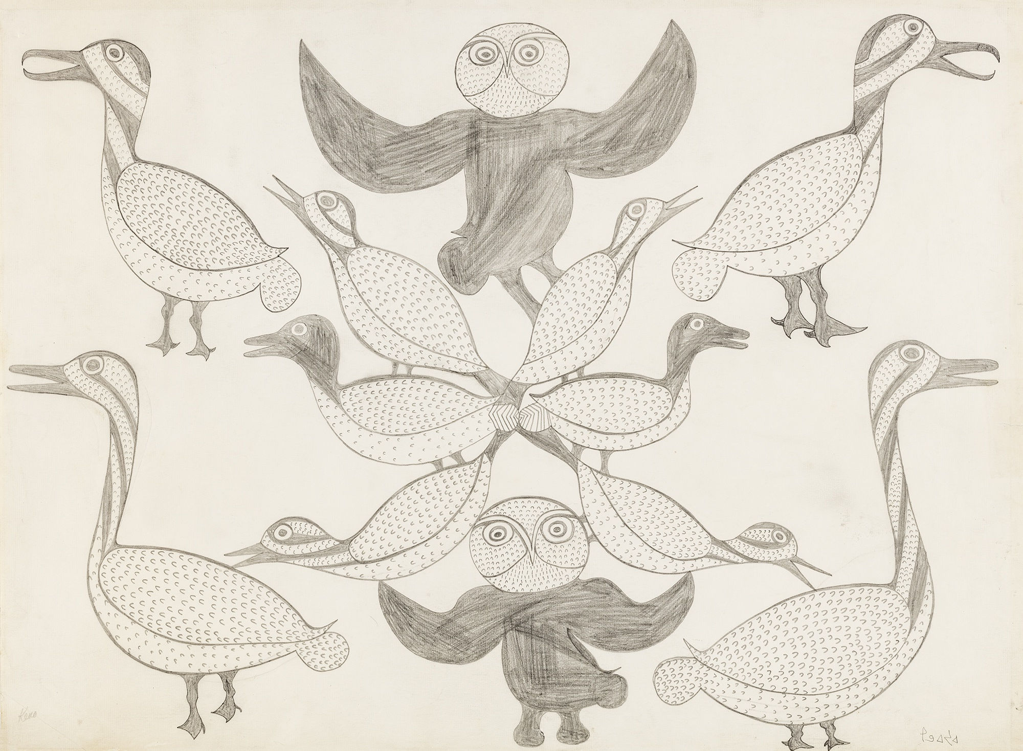 KENOJUAK ASHEVAK-Composition (Two Owls with Birds)