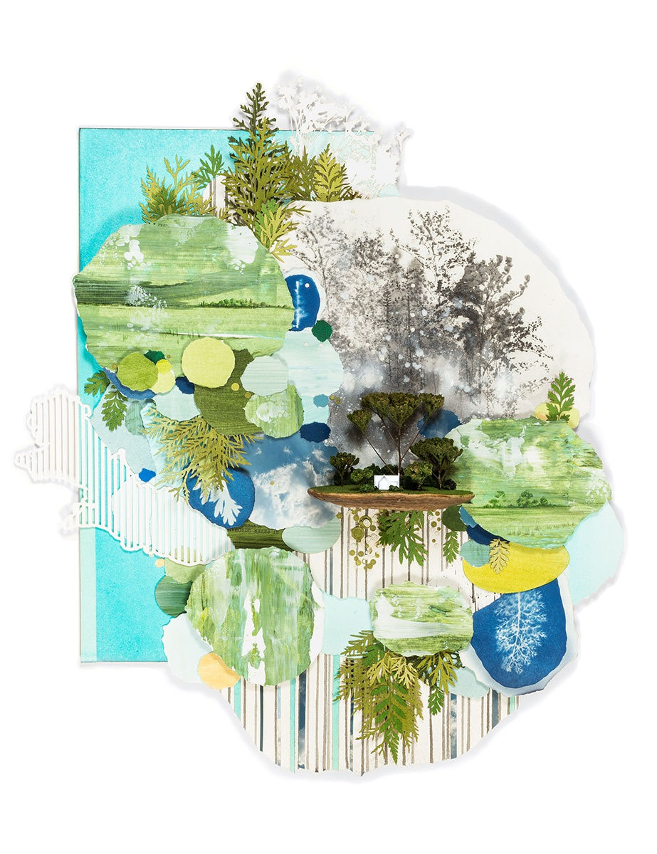 An image of Gregory Euclide Landscape Construction: Isolation, 2024. The artwork is a painting slash collage made of acrylic and ink. An irregular shape, the artworks shows many landscapes and trees in various shades of green.