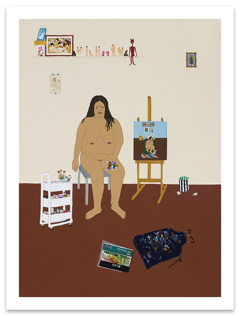 painting of a large nude woman in a beige room, seated in front of an easel with a painting in progress. The room is relatively bare besides a shelf with many erotic objects and tchotchkes, and miscellaneous art supplies by Gina M. Contreras