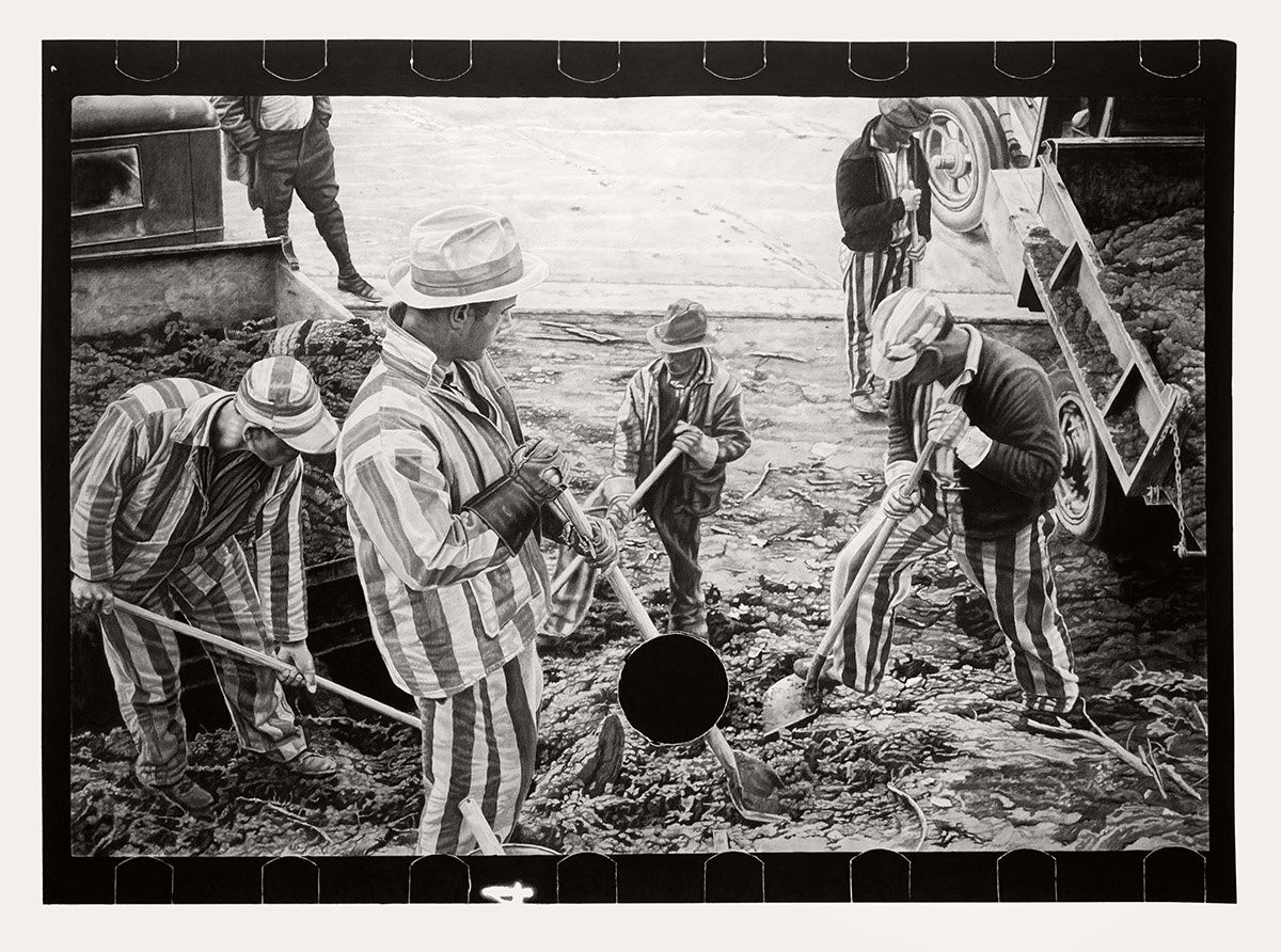A charcoal drawing by Joel Daniel Phillips of prisoners digging a hole.