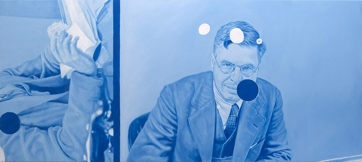 A blue monochromatic painting of a photograph of a man at a desk.