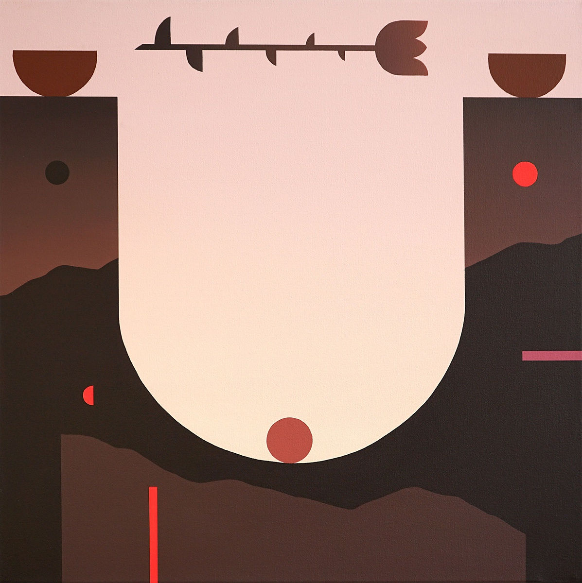 An image of Madeleine Tonzi Held, 2023. The painting is an almost abstract desert landscape, where two large dark cliffs meet in a U formation, showing a window of pink sky. A rose floats above the U, the painting punctuated with small burgundy lines or circles.