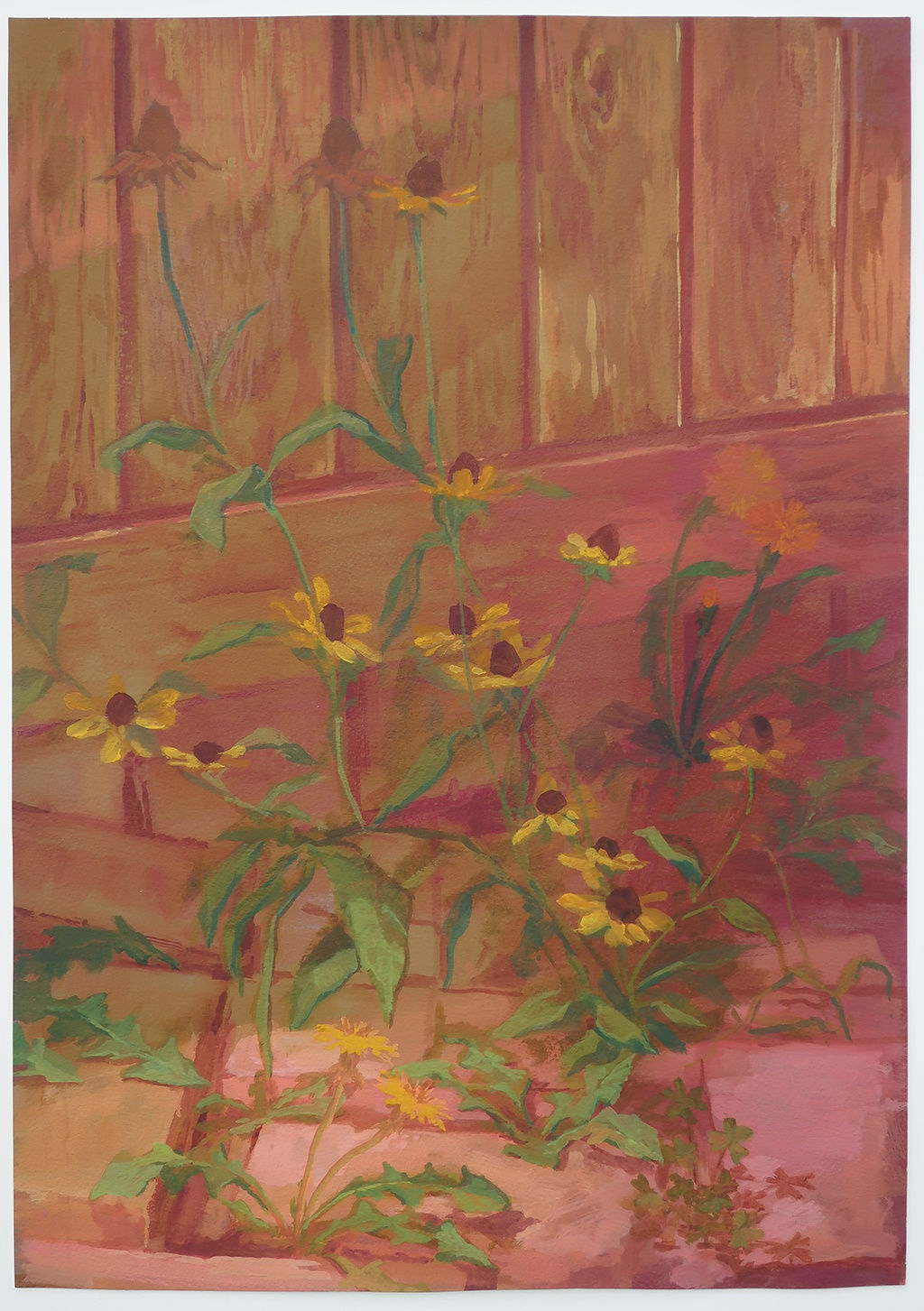 Rachel Gregor - painting of small yellow flowers poking up by wooden fence