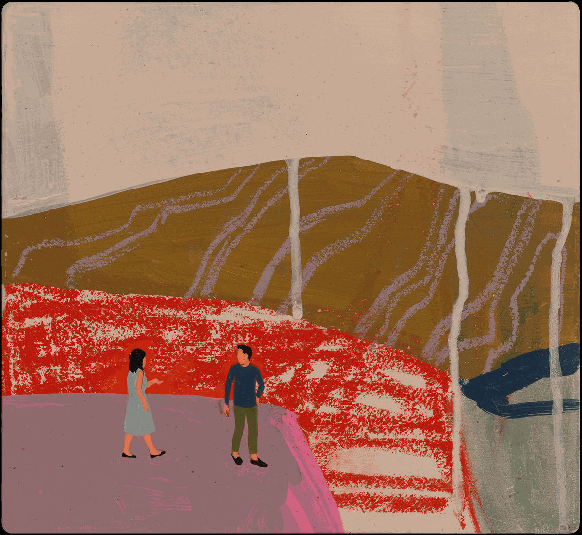 An image of Seonna Hong Give or Take, 2023. The artwork is a painting with pink and green mountains and small faceless people.
