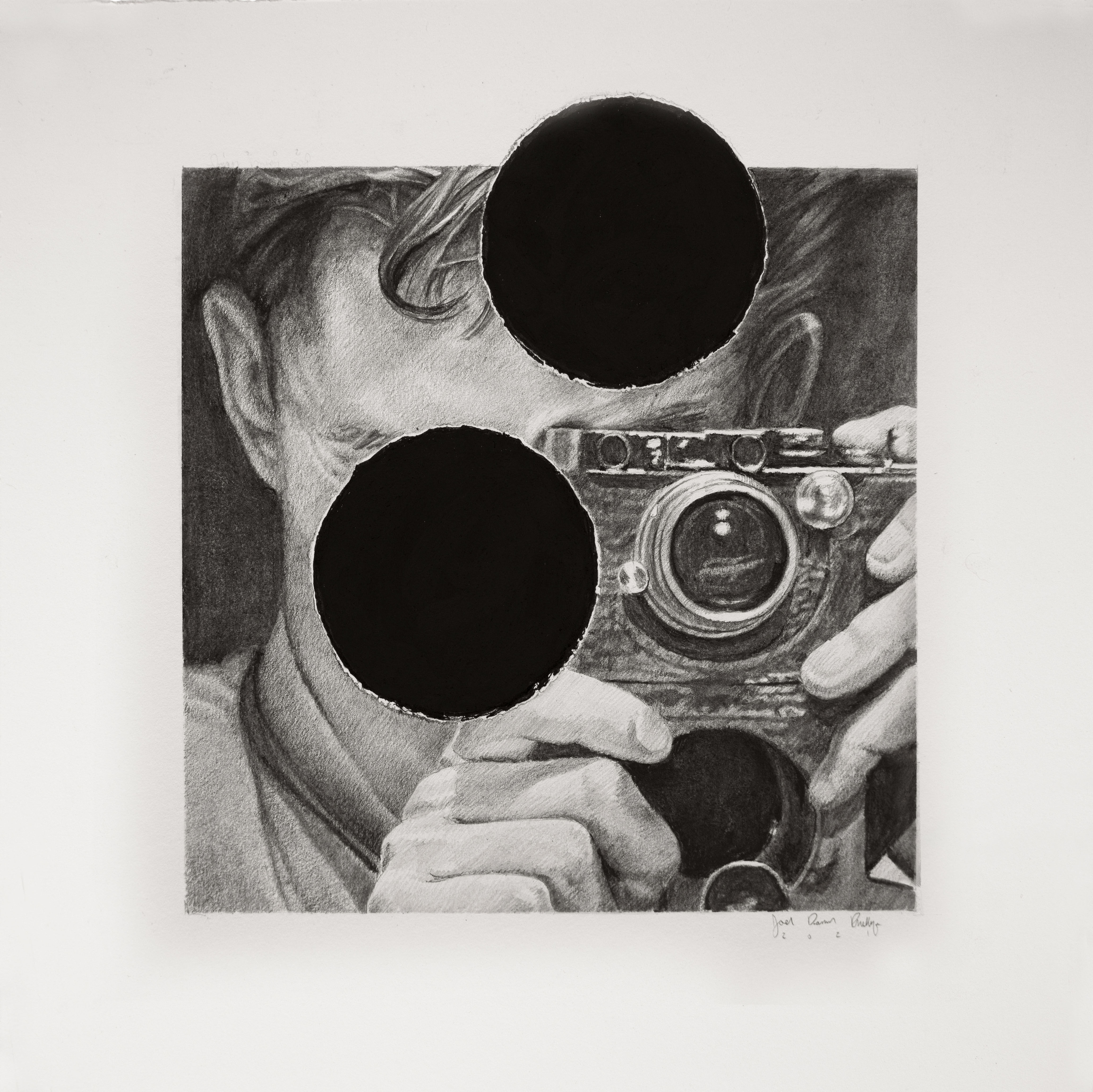 Joel Daniel Phillips graphite drawing of man with camera obscured with hole punch