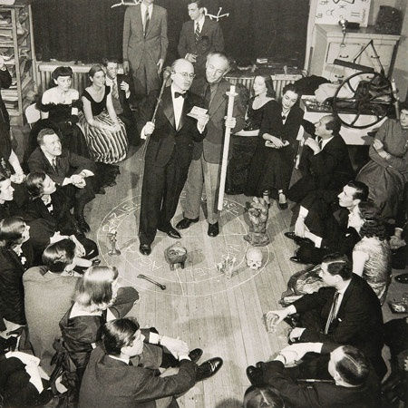 Photograph of a &ldquo;Magic Evening&rdquo; (&ldquo;Soir&eacute;e Seligmann&rdquo;) in Kurt Seligmann&rsquo;s New York studio, 1948. Kurt Seligmann and Enrico Donati in a magic circle. Photograph by Bernard Hoffman.
