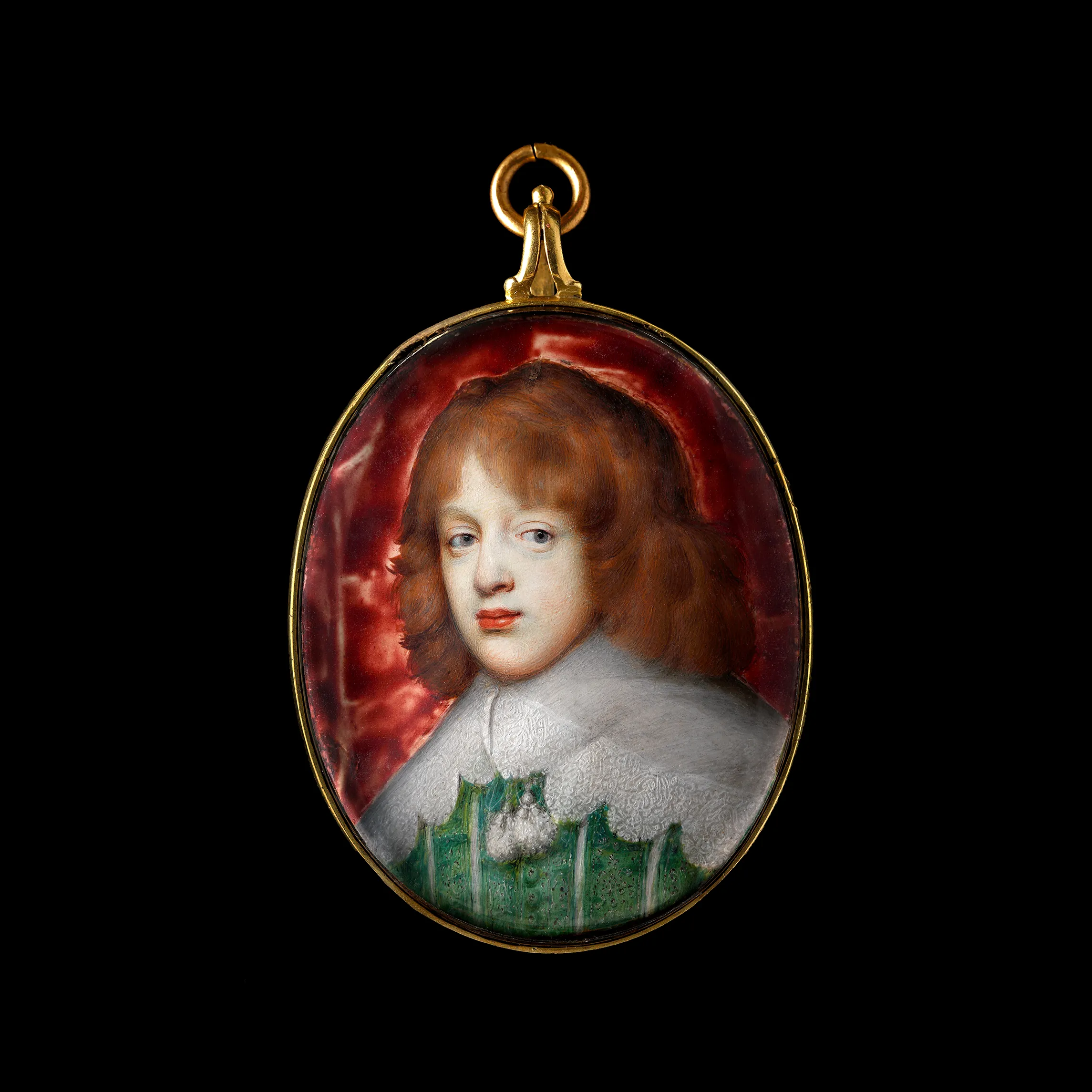 Engraved on the reverse ‘Earl / of / Carnarvon’  Watercolour and bodycolour on vellum, mounted on card in later gilt-metal frame  Oval, 2 in. (52 mm) high