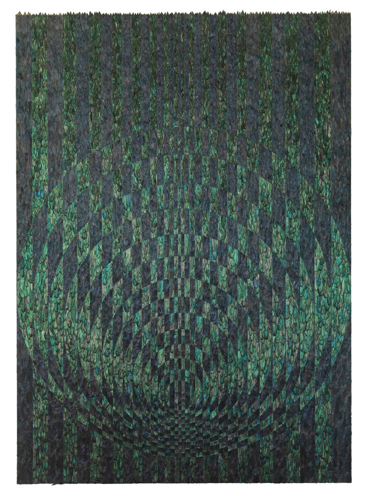 George Taylor The Beast In Me, 2017 Cockerel and crow feathers 231 x 170 x 8.5 cm (Framed) 91 x 66 7/8 x 3 3/8 in Unique