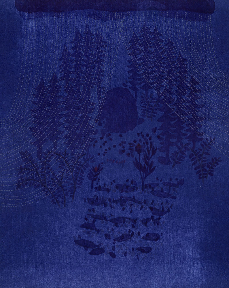 Katie Baldwin Midnight Rain, 2024 color woodblock on handmade mulberry paper image/sheet: 19 x 15" signed & dated