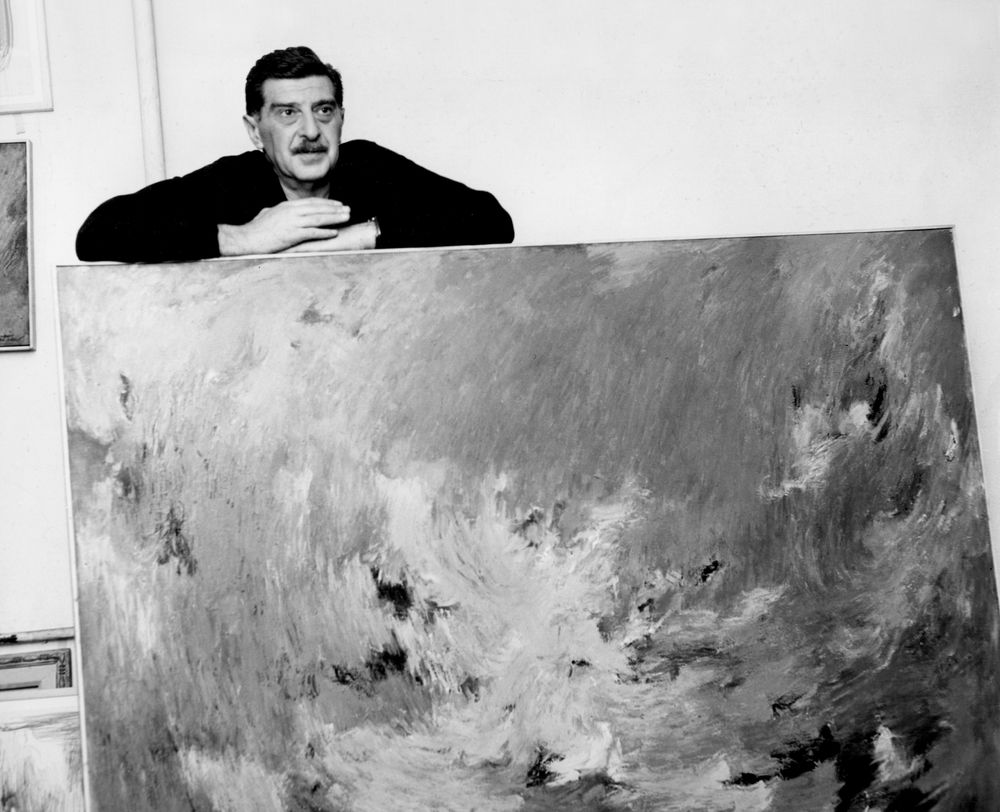 Albert Kotin with painting, c. 1958, detail. Photograph by Hank Shulman. Copyright © Hank Shulman