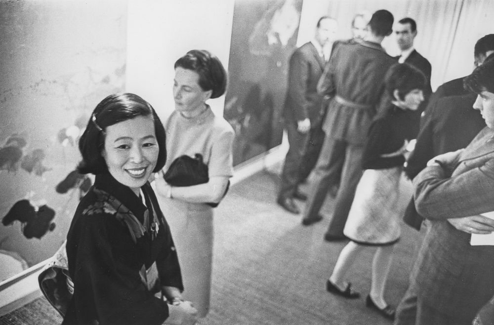 Yokoi at the opening of her solo exhibition at Galerie Bernhard, Solothurn, Switzerland, September 1967. Photo by Roland Schneider
