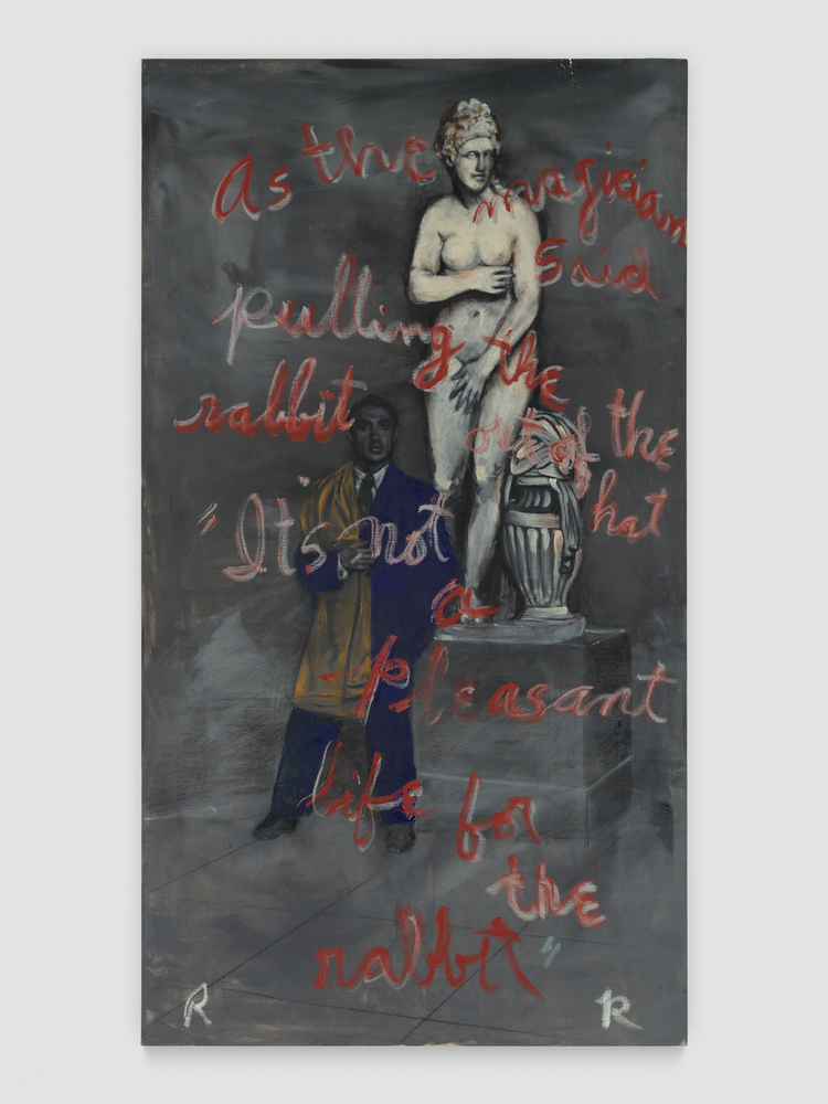 Rene Ricard, Untitled (As the Magician...), 2011, Oil and chalk on linen, 72 x 40 inches (182.9 x 101.6 cm); © The Estate of Rene Ricard; Photo by Stefan Altenburger; Courtesy the Estate of Rene Ricard and Vito Schnabel Gallery