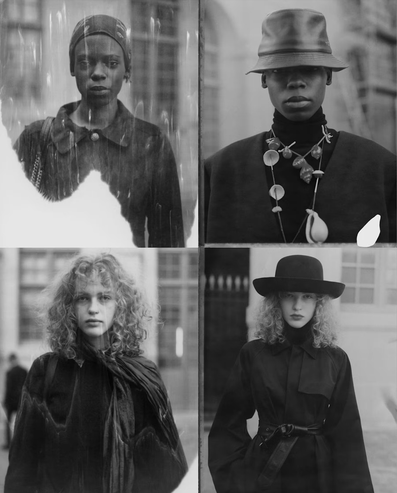 Four photographs by Gus Van Sant of two models before and after getting dressed for the AW26 Celine Fashion Show