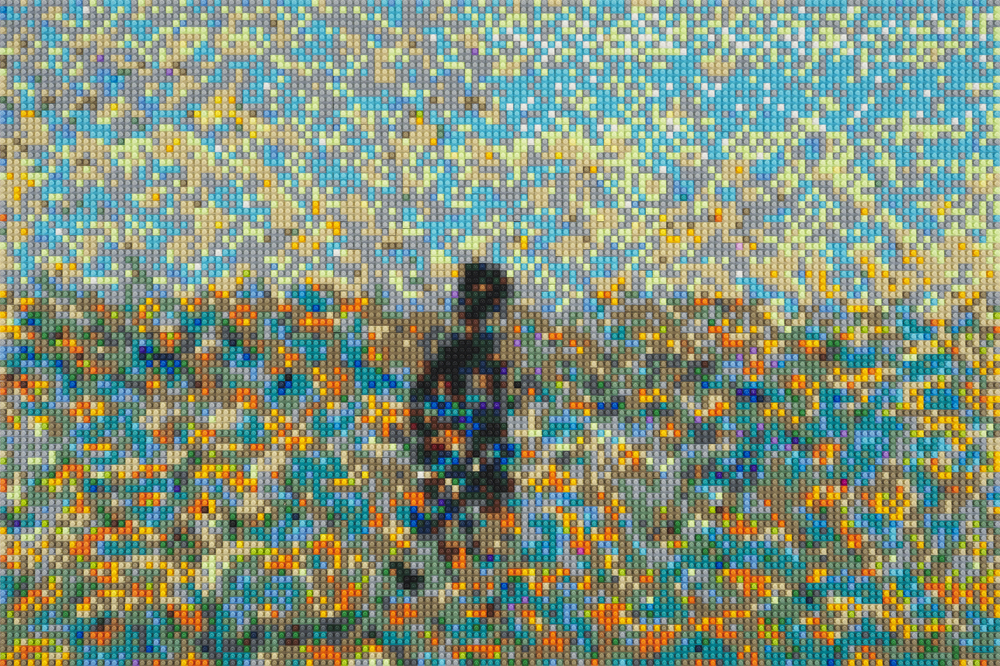 LEGO Brick artwork by Ai Weiwei depicting a dark silhouette in the center and a colorful background