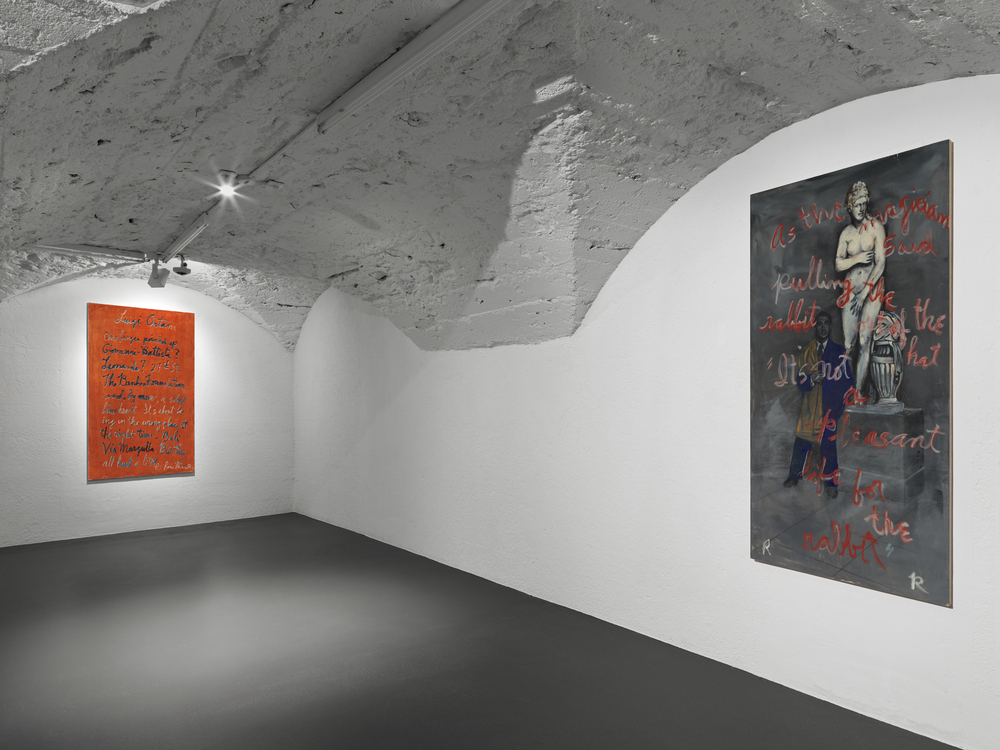 Installation view, Rene Ricard: and if you arrive, do you know you are there?, Vito Schnabel Gallery, St. Moritz, 2025; © The Estate of Rene Ricard; Photo by Stefan Altenburger; Courtesy the Estate of Rene Ricard and Vito Schnabel Gallery