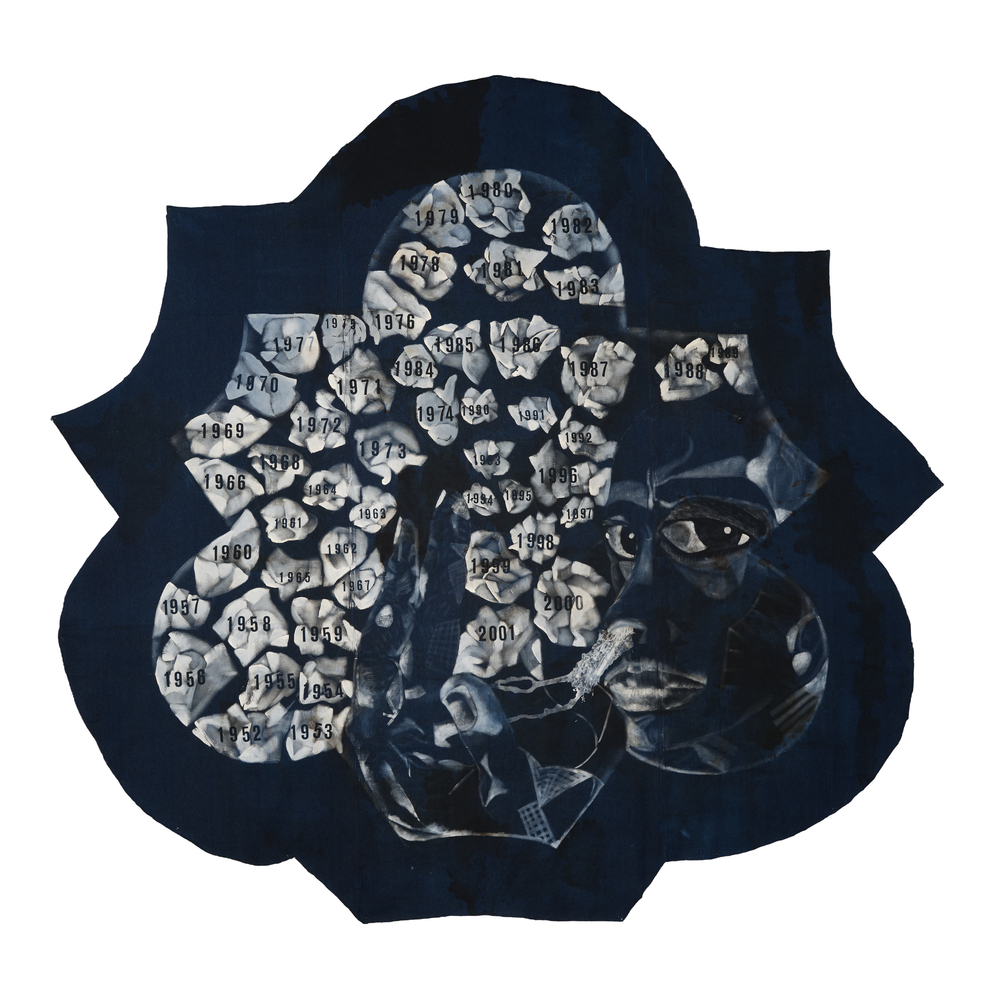 A painting on a large sheet of denim of a man blowing his nose with flower/tissues with years on them around him