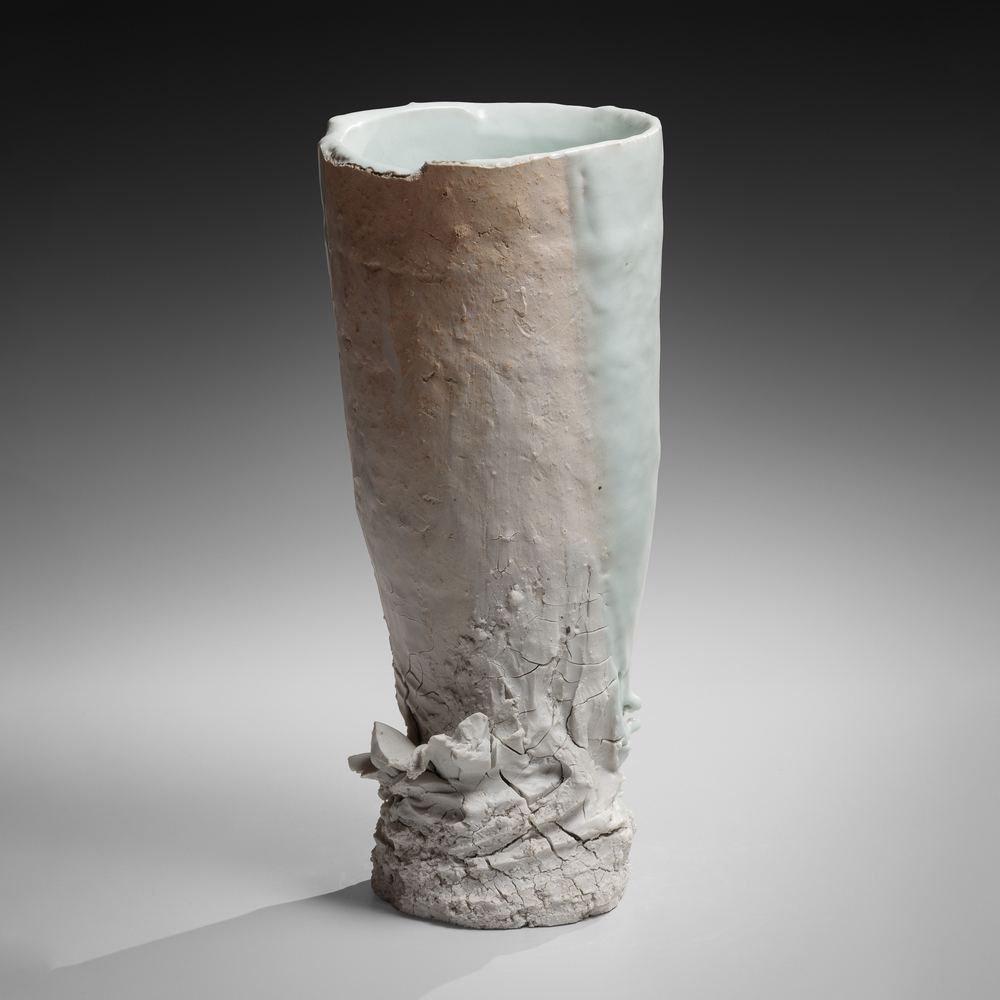 OGAWA MACHIKO - Tall columnar vessel with seihakuji (blueish-white) glaze - Artworks - Joan B Mirviss LTD | Japanese Fine Art | Japanese Ceramics