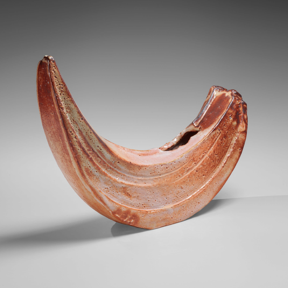 KATŌ YASUKAGE - Shino-glazed comma-shaped vase - Artworks - Joan B Mirviss LTD | Japanese Fine Art | Japanese Ceramics