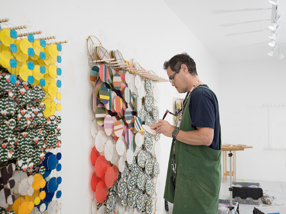 Jacob Hashimoto in his studio, Ossining, NY, 2025.