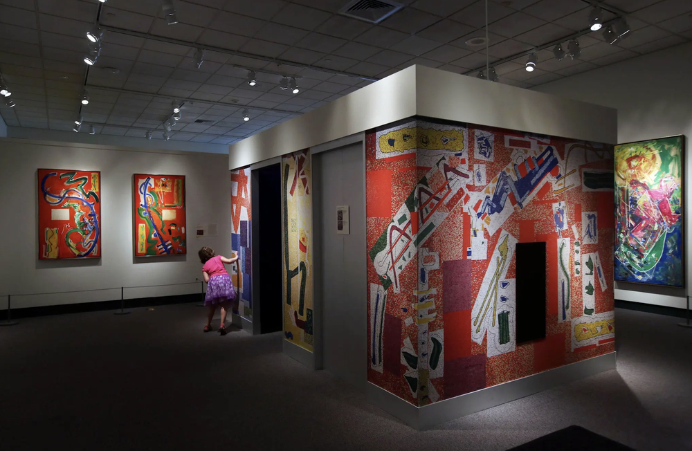 A replica of the elevator bank at 711 Third Avenue where Hans Hofmann created a mural.

Credit...Hiroko Masuike/The New York Times.