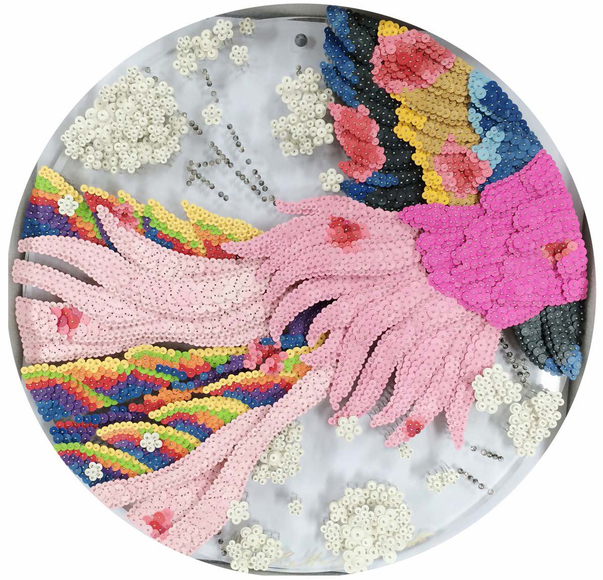 Soaring Agian M3, 2015, Paper buttons, beads, pins, and crystals on Plexiglass