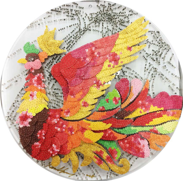 Soaring Agian M6, 2015, Paper buttons, beads, pins, and crystals on Plexiglass
